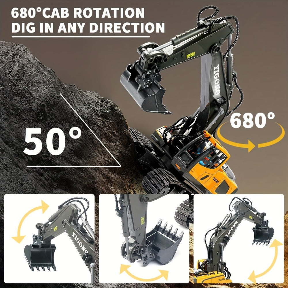 RC Excavator Toy 1:24 Scale 2.4GHz 9-Channel with Alloy Metal Cap Lights Sound Rechargeable Battery, Remote Control Construction Truck for Boys Ages 6+, Birthday Christmas Gift Multiple Colors