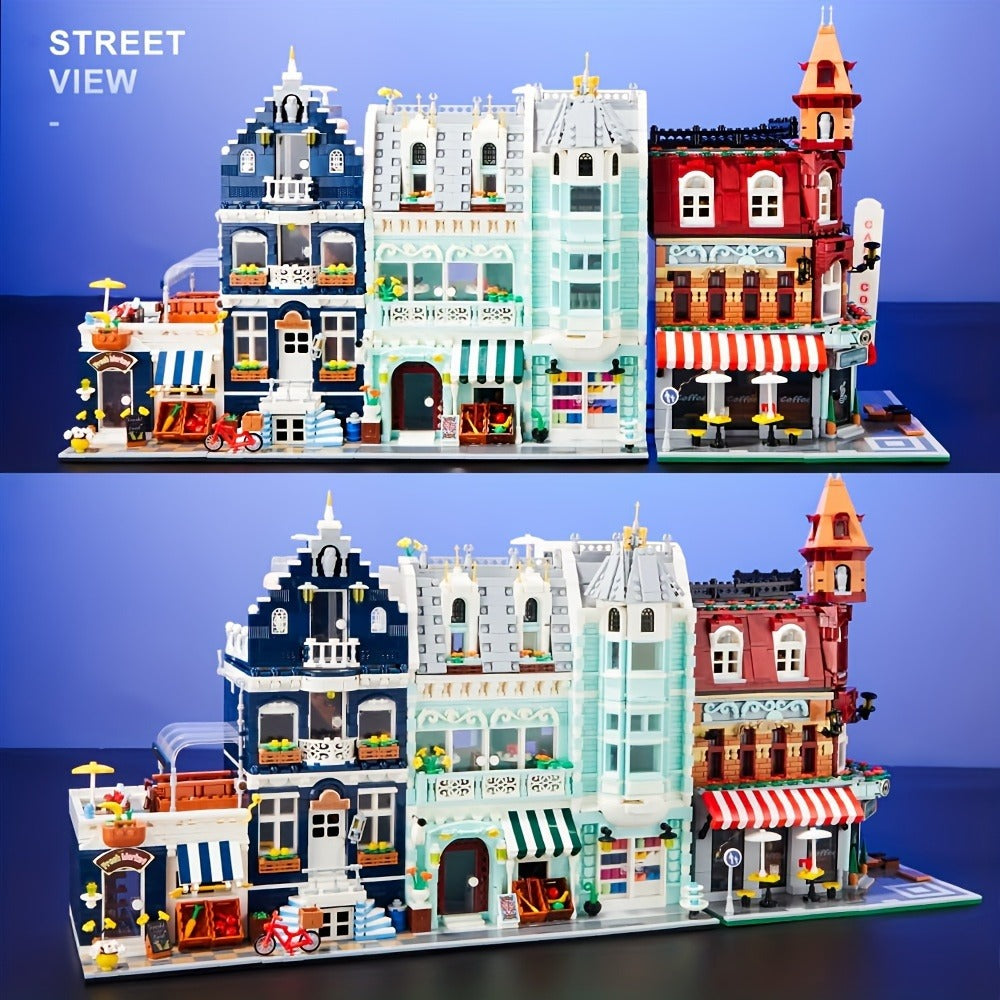 Modular City Street Building Blocks Set – European Architecture Scene with Grocery Store & Market Street, 3-Level Mini Brick Model, Creative Assembly Toy for Adults & Teens, Home Decor Display