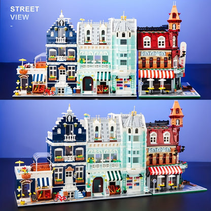 Modular City Street Building Blocks Set – European Architecture Scene with Grocery Store & Market Street, 3-Level Mini Brick Model, Creative Assembly Toy for Adults & Teens, Home Decor Display
