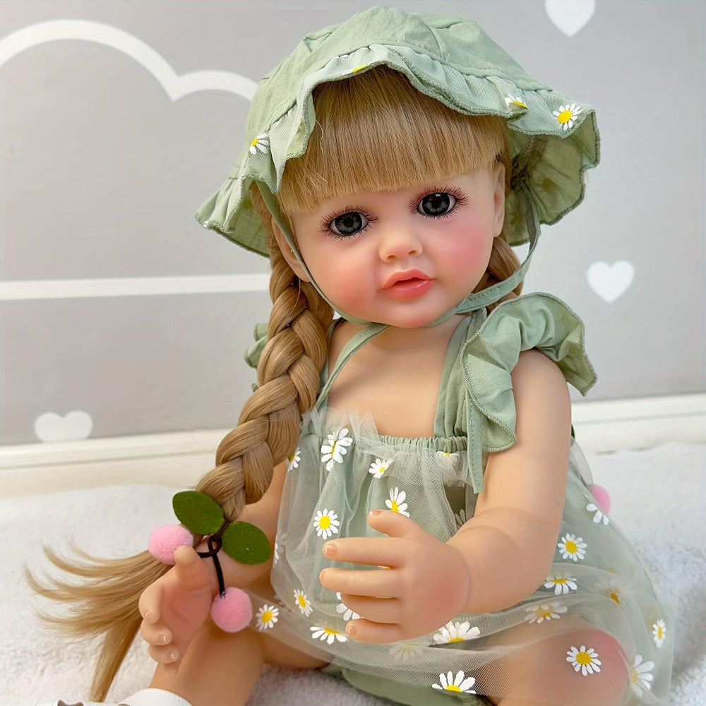 Bath Safe Reborn Baby Doll 22 Inch 55CM Full Vinyl Long Hair – Poseable Stand Sit Lay, Hand-Painted Lifelike Newborn Girl, Gift Set with Outfit Pacifier Bottle for Kids Ages 3+ & Collectors