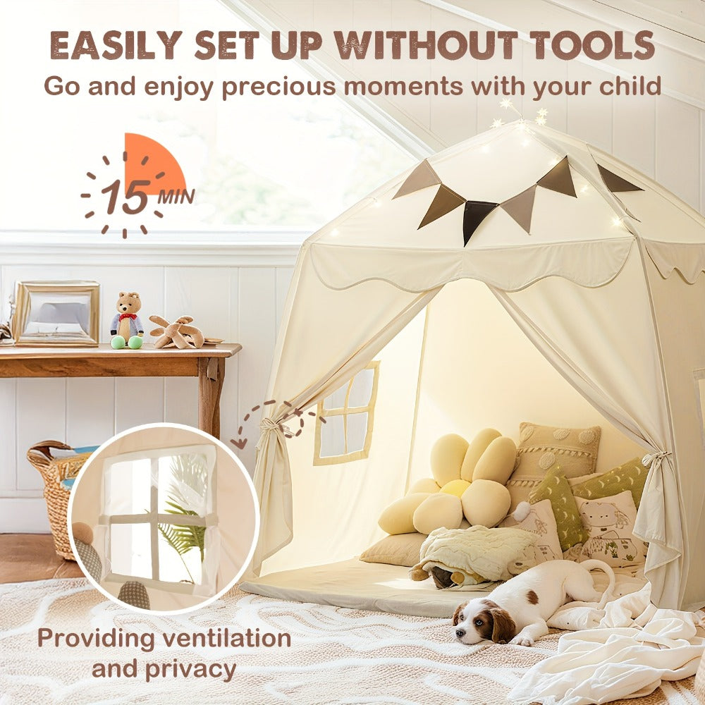 Kids Play Tent Extra Large – Portable Foldable Teepee Indoor Outdoor Dome Playhouse with Flags, Bed Canopy for Boys Girls, Available in Beige Pink Green Brown Cream, 51–59 Inch