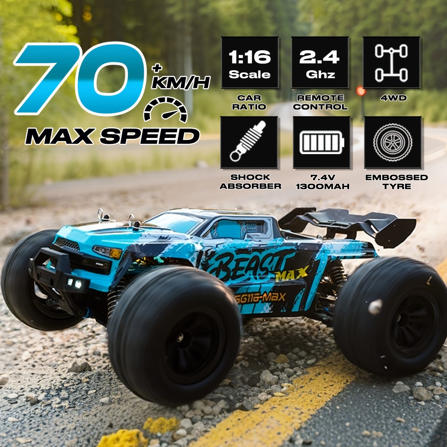ZHUOYOU 1:16 4WD Off Road High Speed RC Car with Head-up Wheel, 70KM/H Racing Drifting Vehicle, RC390 Motor, 2.4Ghz Remote Control, Supports Cars Racing Together, LED Lights, All Terrain Application