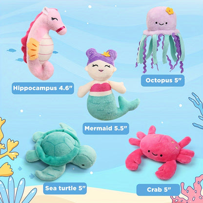 BenBen Ocean Stuffed Animal, 5PCS Small Sea Creature Plush Toys, Shell Carrying Bag Set, Cute Plushies for Baby Kids, Sea Turtle, Octopus, Mermaid, Seahorse, Crab, Girls Birthday Gifts, Christmas Gift