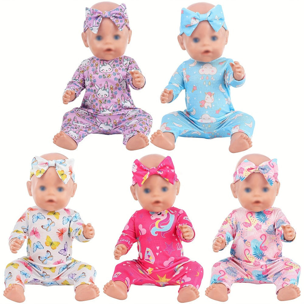5-Pack Baby Doll Outfits Romper Clothes Set with Headbands for 14-16 Inch 43cm Newborn Dolls Girls Gift Ages 3+ Butterfly Unicorn Rainbow Bunny Flamingo Soft Fabric Dress Up (No Doll)