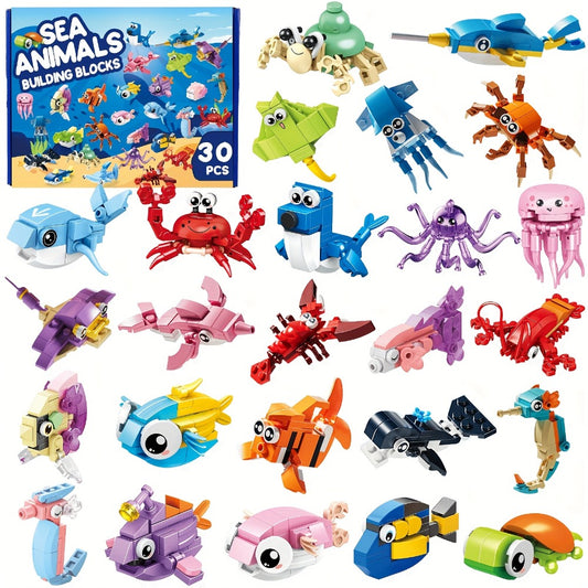 30pcs Pack Ocean Building Blocks Toys Suitable for Kids, Boys & Girls - Mini Marine-Themed Bricks with Blocks, Building Set for Birthday Party Favors, Classroom Prizes, Stocking Stuffers & Goodie Fillers