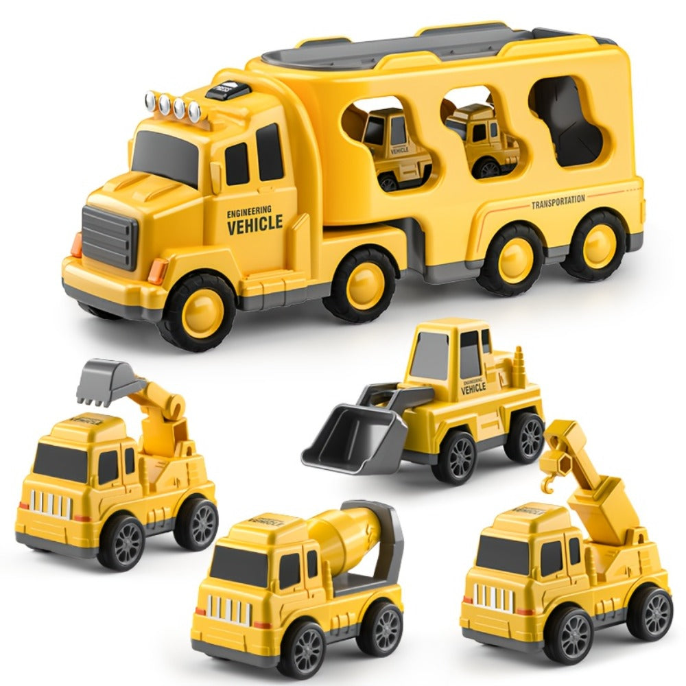Construction Carrier Truck Toy Set for Kids 3-7, Large Transport Truck with 4 Mini Engineering Vehicles Excavator Mixer Crane Bulldozer, Friction Powered Yellow Toy for Boys Girls Birthday Gift