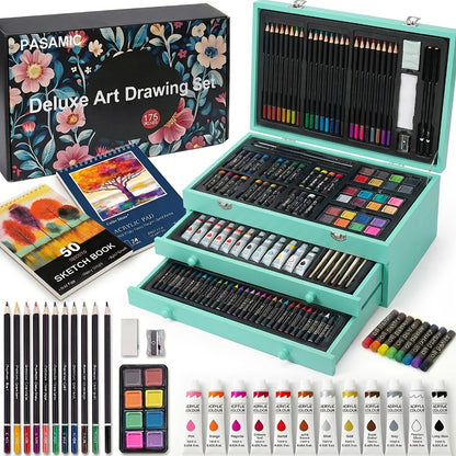 172 Piece Deluxe Art Set in Wooden Case with 2 Drawing Pads Crayons Acrylic Paints Colored Pencils Professional Art Kit Gift Box for Artists Beginners Ages 8+ Birthday Christmas