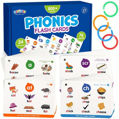 Phonics Flash Cards for Kids 76 Cards 24 Principles – CVC Digraphs Consonant Blends Long Vowels, Learn to Read Spelling Aid for Kindergarten Homeschool Classroom, Educational Gift Pre-K 1st 2nd Grade Ages 3-8