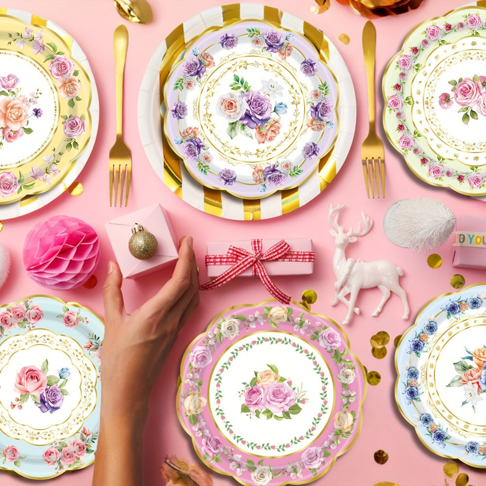 Floral Paper Plates 48 Pack – Disposable Tableware for Tea Parties, Birthday, Bridal Shower, Engagement, Wedding & Baptism Celebrations