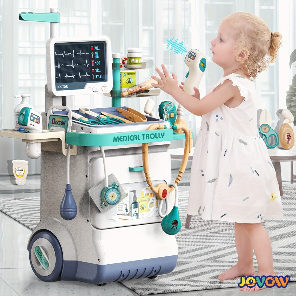 Kids Doctor Kit Medical Cart Set – Movable Toy Trolley with Stethoscope, Thermometer & Medical Accessories, Doctor Nurse Role Play Toy, Birthday Gift for Boys & Girls Ages 3+