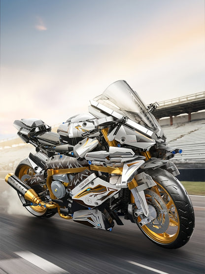 Motorcycle Building Blocks Model Kit 1:5 Scale 2000+ Pieces – Platinum Gold & White Collectible Brick Motorbike Display Set, Unique Gift for Men Adults Collectors Birthday Christmas (Premium Edition)