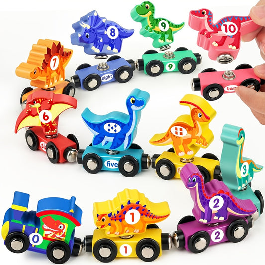 Dinosaur Number Train Set for Kids 3-5 | Magnetic Wooden Toy with Engine & Cars - Educational STEM Activity, Learning Birthday or Christmas Gift for Boys | Mixed Color, Major Material: Wood
