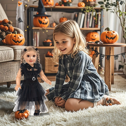 18 Inch Doll Halloween Costume Black Tulle Cake Dress with Black Bow Hair Clip – Movie Inspired Spooky Party Outfit for 16-18 Inch Dolls No Doll Included Creative Gift for Kids Ages 3+ Birthday Halloween