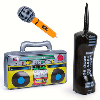 Inflatable Party Props 3 Pcs – Blow Up Mobile Phone, Boombox & Microphone for 80s Hip Hop Theme Birthday, Back to School, Graduation & Retro Party Decorations & Supplies