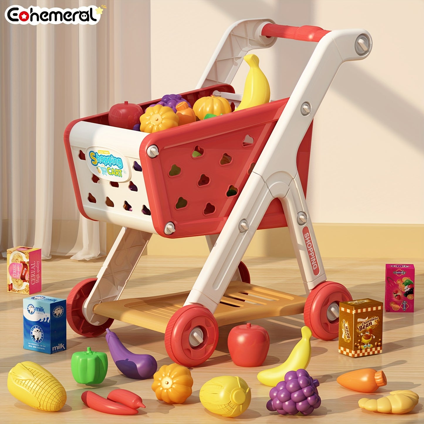 Deluxe Play Shopping Cart Set with Realistic Food - Perfect for Pretend Supermarket & Kitchen Play, Ideal Birthday, Christmas & New Year Gift, Red/Blue