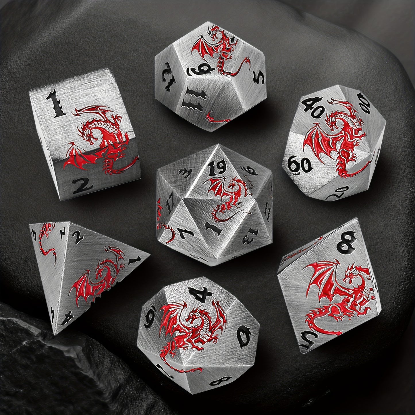 7pcs Of Retro Metal Dice Set, Finely Carved Pattern Fonts And Dragon Patterns, Including A Storage Bag with Dragon Patterns, Essential for TRPG Games, Tabletop Role-playing Game Props, Polyhedral Dice, D20 D12 D10 D8 D6 D4, Handmade Polishing