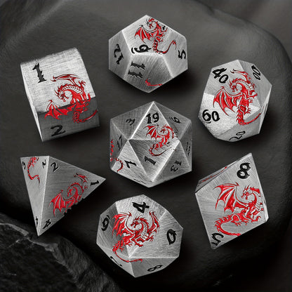 7pcs Of Retro Metal Dice Set, Finely Carved Pattern Fonts And Dragon Patterns, Including A Storage Bag with Dragon Patterns, Essential for TRPG Games, Tabletop Role-playing Game Props, Polyhedral Dice, D20 D12 D10 D8 D6 D4, Handmade Polishing