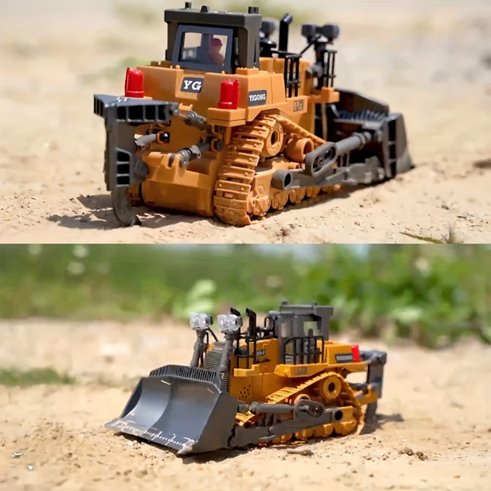 RC Construction Vehicle Toy 2.4GHz Remote Control Excavator Bulldozer Loader with Alloy Metal Cover Lights Sound Effects, Crawler Tractor Truck for Boys Ages 8 and Up, Birthday Gift