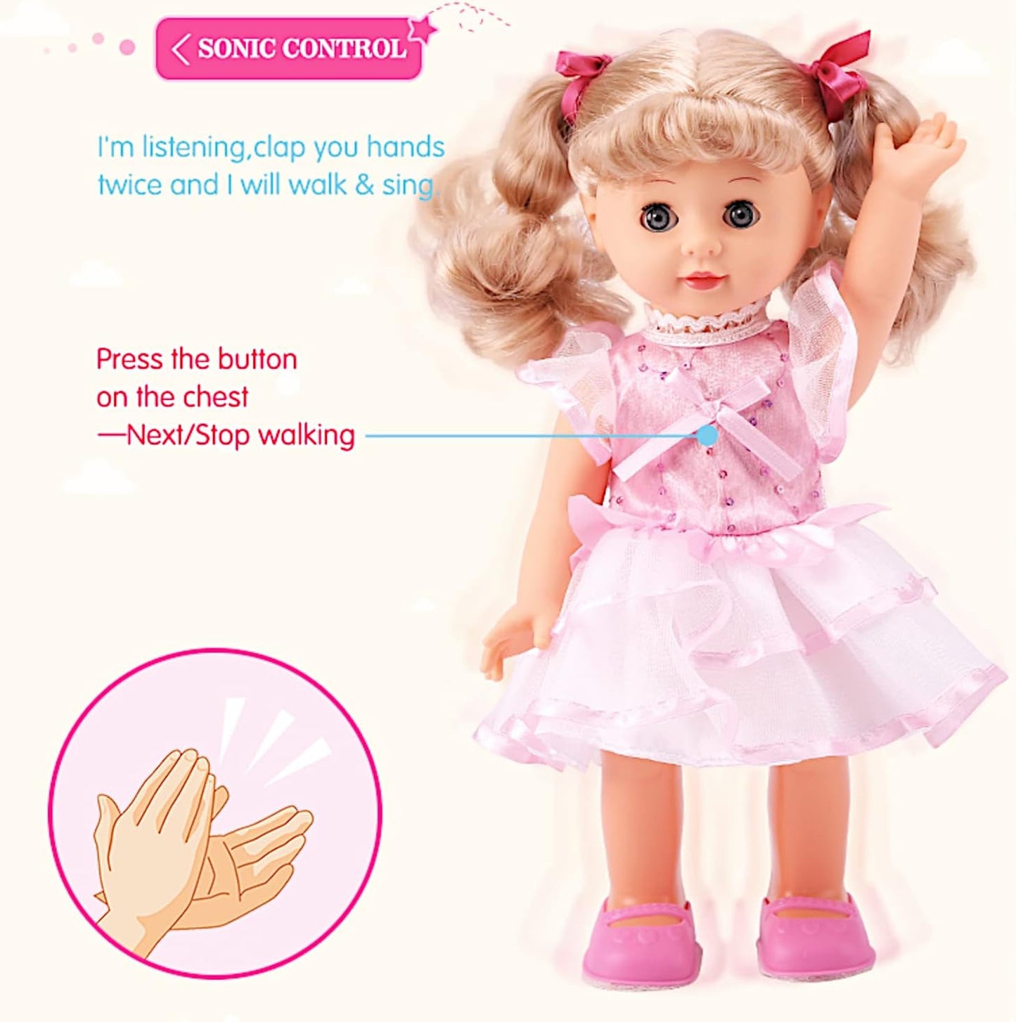 12" Princess Walking Doll Interactive Vinyl Toy Baby Sonic Control Cuddly Girl Singing Talking Blonde Fashion Beauty with Blinking Eyes