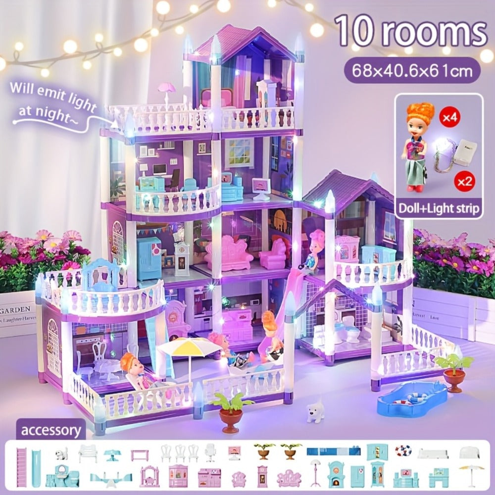LED Dollhouse Playset for Girls – Purple Multi-Room Playhouse with Doll Figures, Puppies, Furniture & LED Lighting, 6 to 16 Room Options, Creative Imaginative Gift for Girls Ages 3-10 Birthday Christmas