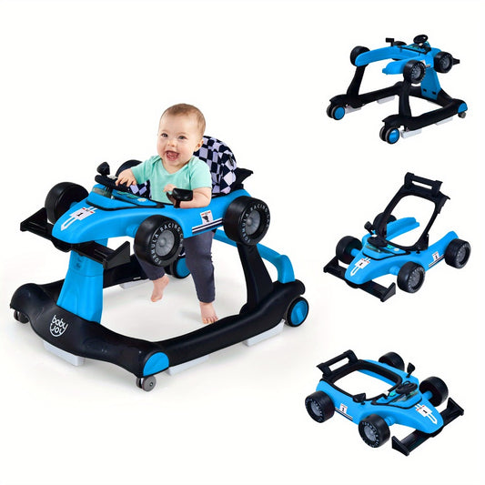 4-in-1 Foldable Baby Walker with Activity Toy Tray & Adjustable Height – Sit-to-Stand Push Walker for Infants & Toddlers, Removable Washable Seat Pad, Safe Learning Walker Baby Gift (Blue)