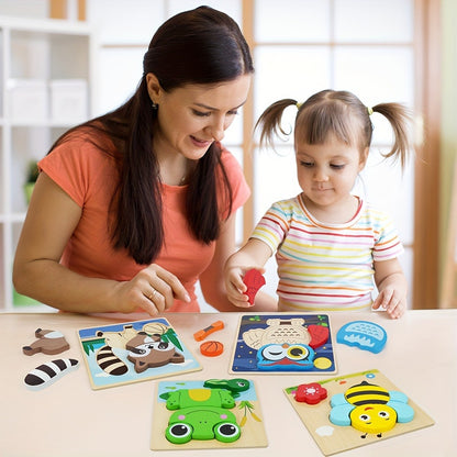 Baby Animal Wooden Puzzles for Toddlers 8 Pack – Infant Learning Toy 12 Months+, Bear Bunny Owl Frog Bee Duck Moose Raccoon, Fine Motor Skills Educational Gift for Boys Girls Christmas Birthday