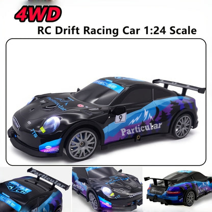 BSJ RC Drift Car 1:24 Scale 4WD 28KM/H Alloy Body with Drift Tires, LED Lights, Barricades & 2 Batteries – Crash-Resistant Racing Car for Boys & Girls, Birthday Christmas Gift (Black/Yellow)