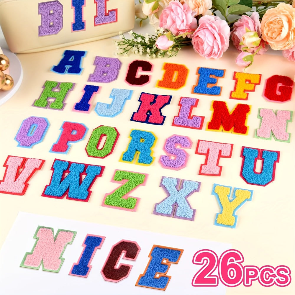 Chenille Letter Patches Self Adhesive A-Z Embroidered Alphabet Applique Stickers for Clothes Bags Hats Phone Cases DIY Crafts – 26pcs Full Set