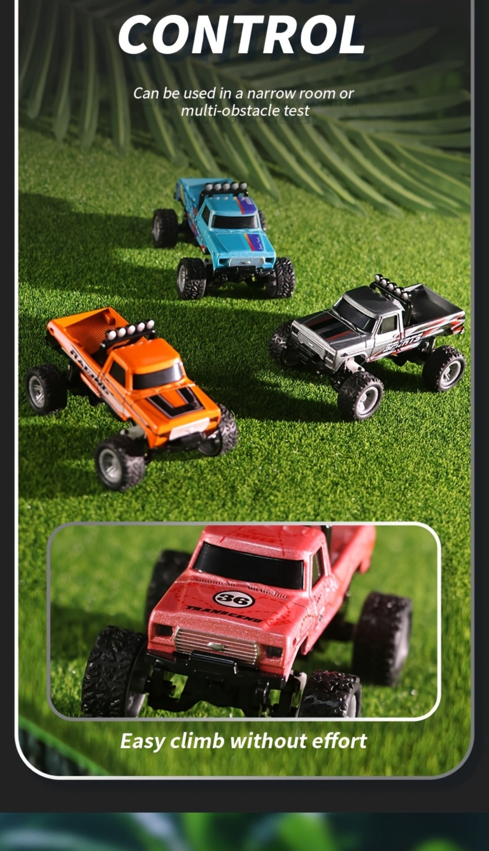 Mini RC Truck 1:64 Scale with Trailer – 2.4GHz Alloy Remote Control Monster Off-Road Pickup, Body Lights & Headlights, Rock Crawler Toy for Boys, Birthday Christmas Gift (Green/Gray/Blue)