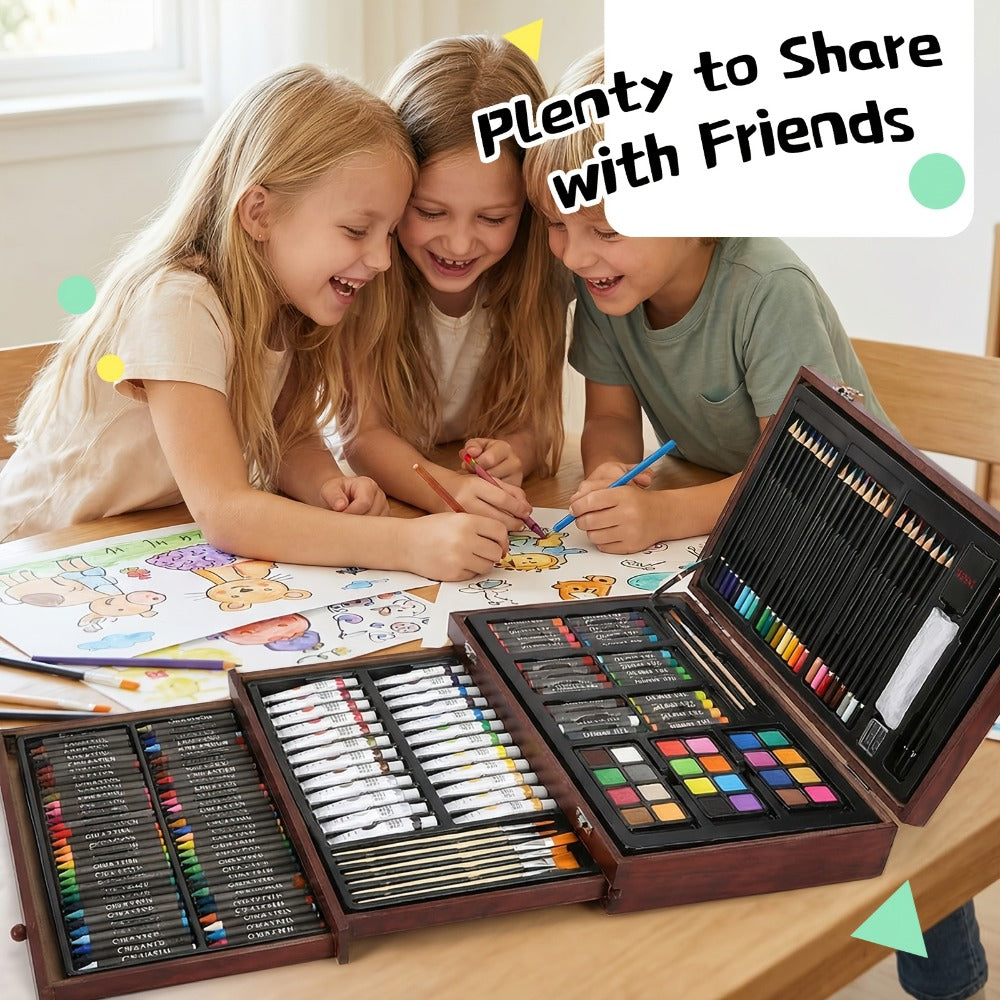 175-Piece Deluxe Art Set in Wooden Case – Drawing Pads Crayons Acrylic Paints Colored Pencils Complete Professional Art Kit Gift for Kids Teens Adults Birthday Christmas