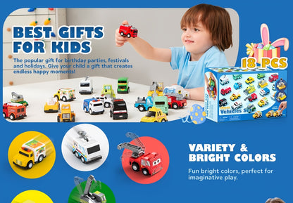 Pull Back Cars Toy Set 18pcs for Kids, Mini City Vehicles with Fire Truck Police Car School Bus, Friction Powered Toy Cars for Boys Girls Ages 3+ Party Favors Gift