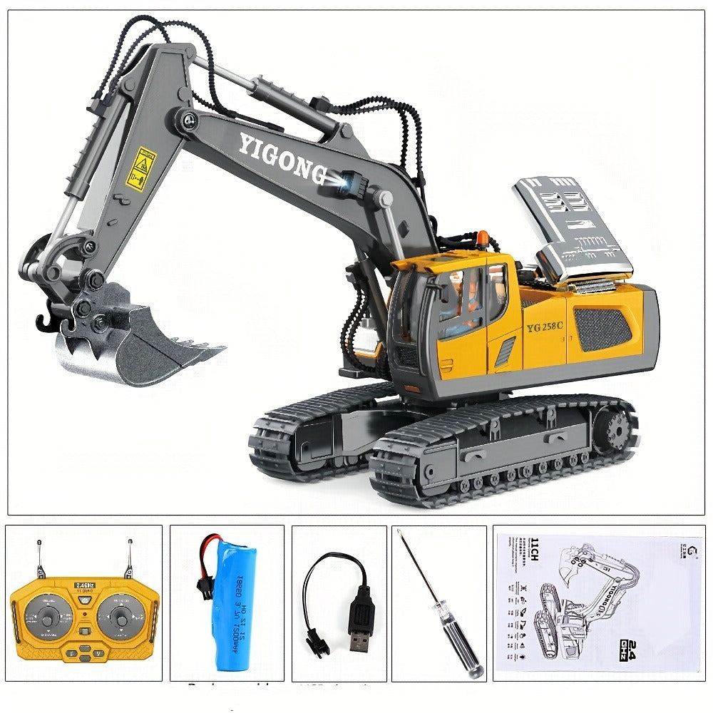 RC Excavator Toy 1:24 Scale 2.4GHz 9-Channel with Alloy Metal Cap Lights Sound Rechargeable Battery, Remote Control Construction Truck for Boys Ages 6+, Birthday Christmas Gift Multiple Colors