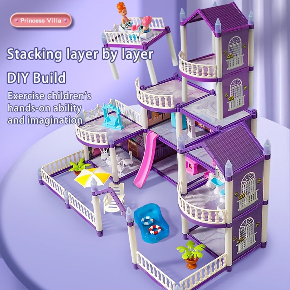 LED Dollhouse Playset for Girls – Purple Multi-Room Playhouse with Doll Figures, Puppies, Furniture & LED Lighting, 6 to 16 Room Options, Creative Imaginative Gift for Girls Ages 3-10 Birthday Christmas