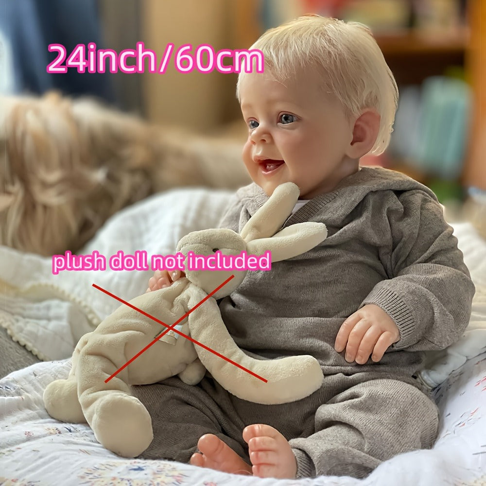 Reborn Baby Boy Doll 24 Inch Lifelike Realistic Newborn Soft Cloth Body Vinyl Limbs Hand-Rooted Hair Weighted Gift Set for Girls Kids Collectors