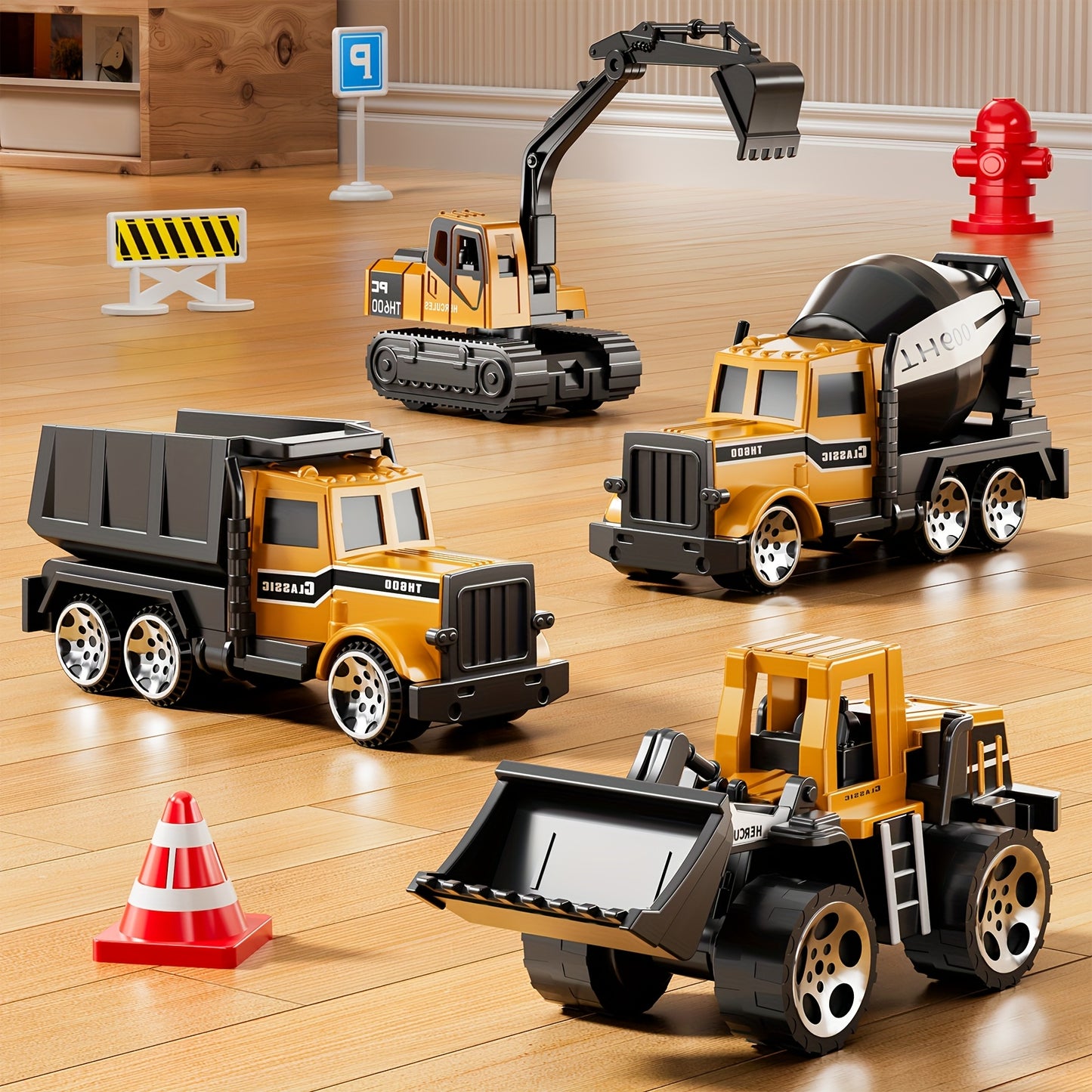 [Ideal Christmas] BABY HOME Multifunctional Construction Vehicle Container Truck Toy Set with Crane and Track Aged 3+, 4 Small Alloy Construction Truck, Foldable Double Racing Track, Realistic Sound & Flashing, Durable Construction Toy Vehicle, Ideal Chri