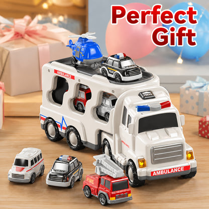 Babyhome Ambulance Truck 5 in 1 with Lighting & Sound, Friction Power Vehicle, Rescue Helicopter, Police Car, Fire Truck, Ambulance, Christmas, Birthday Gift, Interactive Toy Combination Toy Car