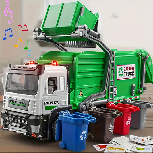 [4 Trash Bins Garbage Truck Model] Toy Garbage Truck with Sound&Light, Cleaning, Garbage Sorting Bin, Sanitation And Cleaning Engineering Car Model Toys Gifs for Boys&Girls