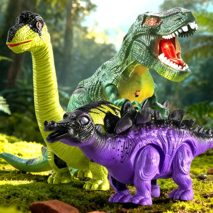 Interactive Dinosaur Toy Set 3-Pack with Sound Light & Walking – Electric Brachiosaurus Stegosaurus T-Rex Dino Toys for Boys Girls Ages 3-7, Birthday Christmas Gift