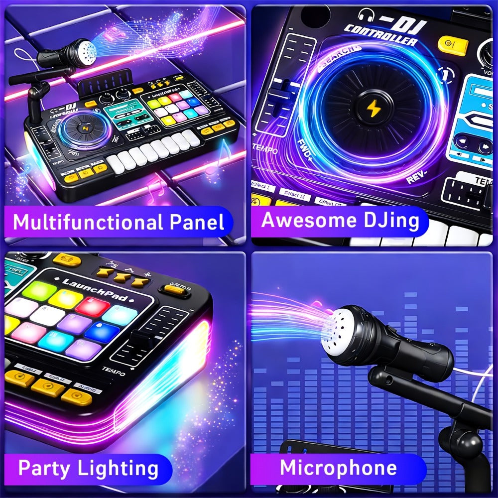 Children's Multi-functional DJ Mixing Controller Set Toy, with LED Lights, Sound Effects, Microphone, And Piano DJ Keyboard Instrument. An Interactive Music Toy for Children, Featuring Over 100 Sound Effects, Piano Keys, Disco Mode, And Rechargeable