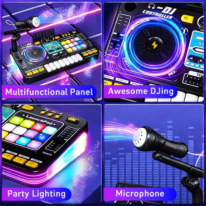 Children's Multi-functional DJ Mixing Controller Set Toy, with LED Lights, Sound Effects, Microphone, And Piano DJ Keyboard Instrument. An Interactive Music Toy for Children, Featuring Over 100 Sound Effects, Piano Keys, Disco Mode, And Rechargeable