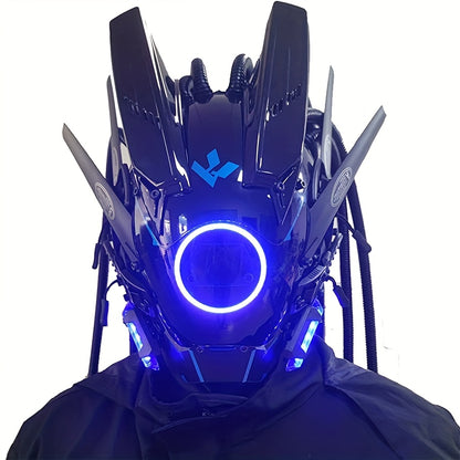1pc Fashion Cool LED Punk Mask with Braids, Futurist Sci Fi Mechanical Mask Halloween Cosplay Samurai Mask Music Festival Party Cool Play Accessories Adult Gift