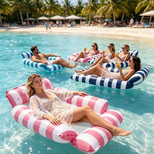 Inflatable Pool Float for Adults – Cooling Mesh Striped Swim Ring 110cm Floating Bed Chair, 2 or 3 Piece Set for Pool Beach Lake Summer Vacation