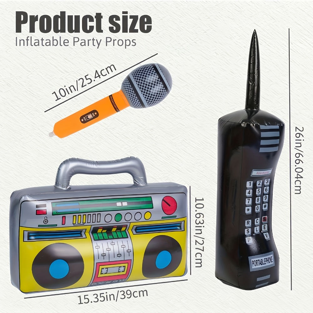 Inflatable Party Props 3 Pcs – Blow Up Mobile Phone, Boombox & Microphone for 80s Hip Hop Theme Birthday, Back to School, Graduation & Retro Party Decorations & Supplies