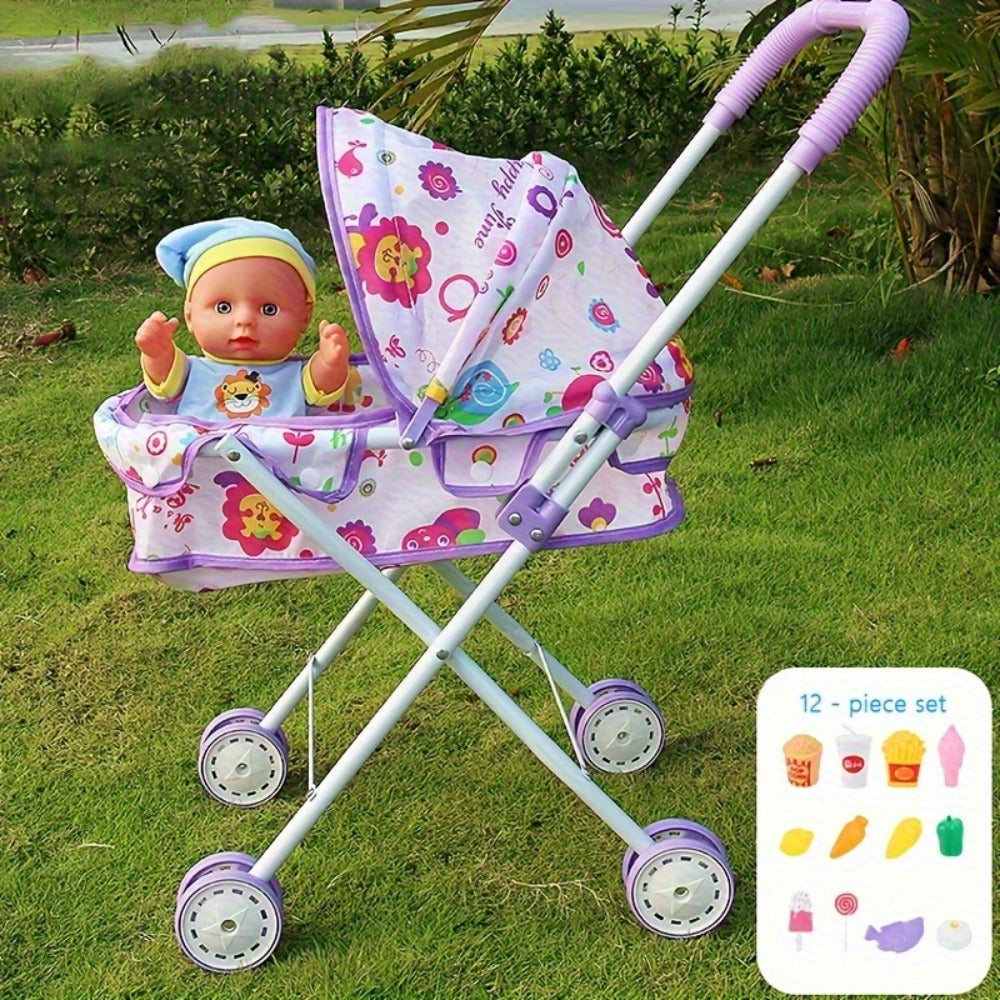 Baby Doll Set with Stroller 12 Realistic 11 Inch Baby Dolls + Doll Accessories – Pink or Purple Doll Car Included, Ultimate Nurturing Play Gift for Girls Kids Ages 3+ Holiday Birthday Christmas