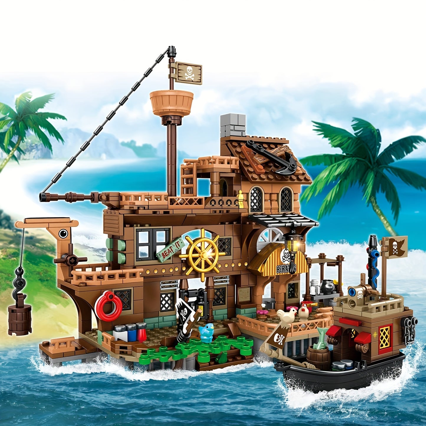 Pirate Ship Set Pirate's Wharf Supply Center Building Brick Toy, 573 Pcs
