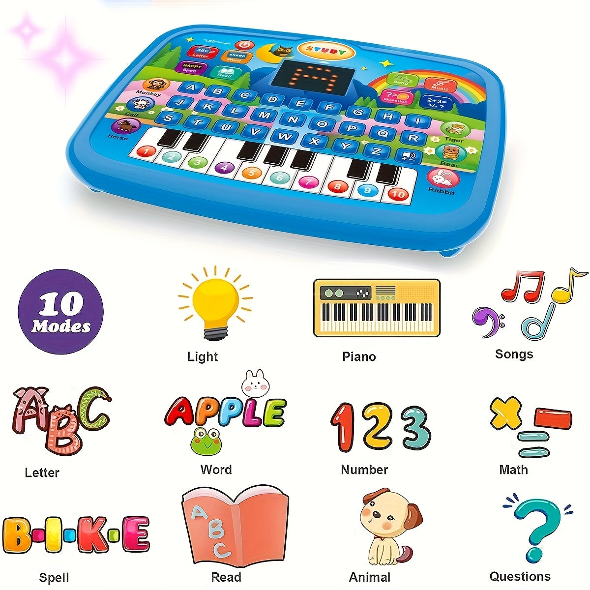 Kids Multifunctional Tablet Learning Machine with Alphabet, Numbers, Music, Animals And Piano Keys, Educational Toy for Ages 3+, Durable Plastic, Battery Operated (Batteries Not Included), Blue And Pink