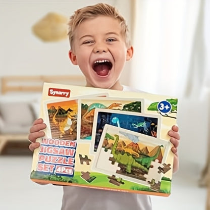 Wooden Dinosaur Puzzle Set for Kids Ages 3-8 – 4-in-1 Jigsaw Puzzles with 24 Pieces, Colorful Preschool Educational Toy for Boys & Girls, Fun Birthday Christmas Gift for Toddlers & Children