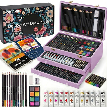 172 Piece Deluxe Art Set in Wooden Case with 2 Drawing Pads Crayons Acrylic Paints Colored Pencils Professional Art Kit Gift Box for Artists Beginners Ages 8+ Birthday Christmas