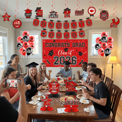 Graduation Decorations Class Of 2026, Golden Themed Graduation Decorations Set, Class Of 2026 Backdrop Banner, Graduation Hanging Swirl, Balloons And Honeycomb Supplies For Graduation Party