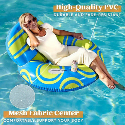 SYNCFUN Inflatable Pool Float Lounger - River Tube Floating Chair Sofa With Big Backrest, Blow Up Floaties Lake Raft Lounge With Mesh Bottom Handle Cup Holder Pool Party For Adults(Blue Yellow)
